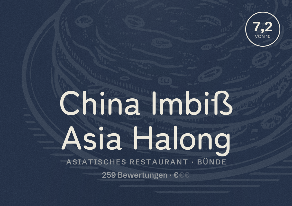 Illustriertes Poster von China Imbiß Asia Halong, Asiatisches Restaurant in Bünde: Bewertung 7,2 von 10 aus 259 Bewertungen, Preisniveau €