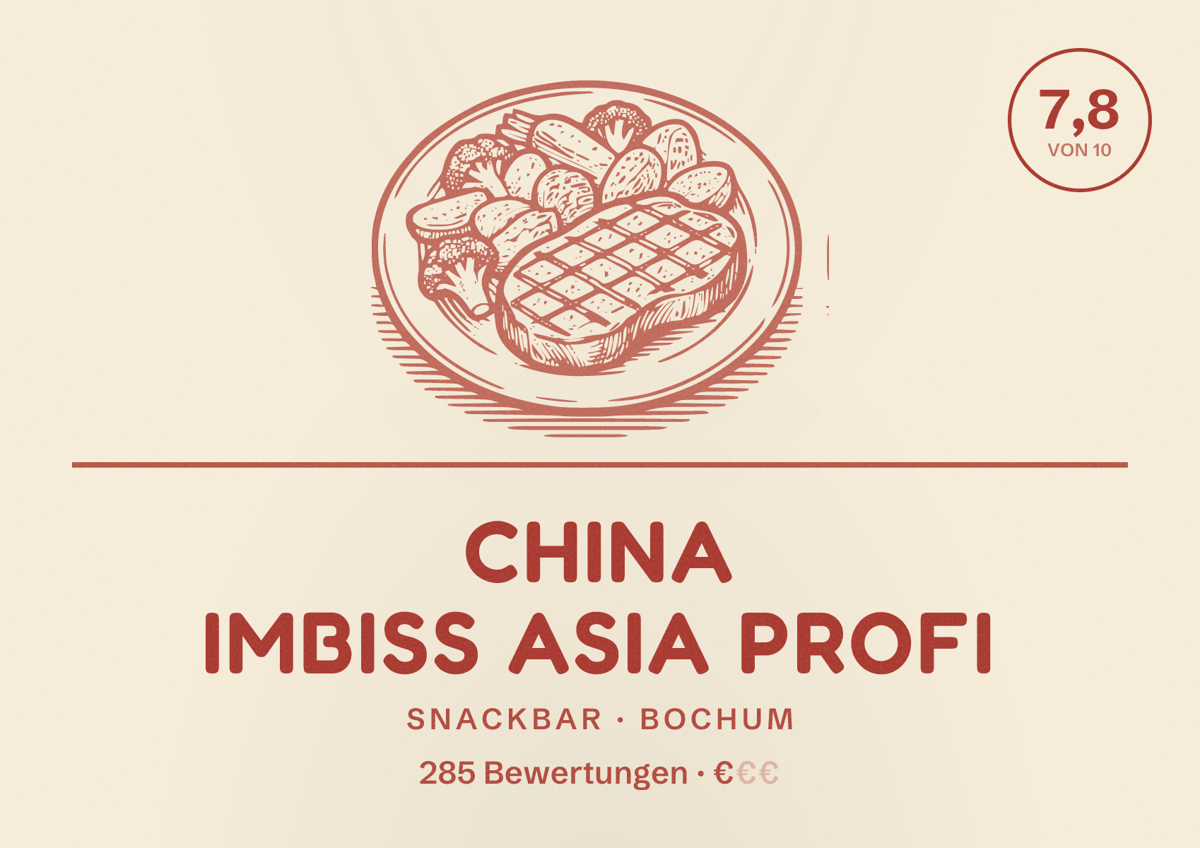 Illustriertes Poster von China Imbiss Asia Profi, Snackbar in Bochum: Gästebewertung 7,8 von 10 aus 285 Bewertungen