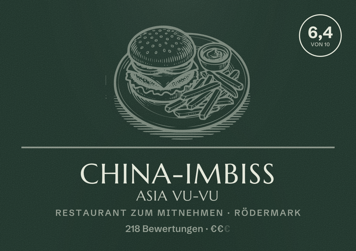 Illustriertes Poster von China-Imbiss Asia Vu-Vu, Restaurant zum Mitnehmen in Rödermark: Bewertung 6,4 von 10 aus 218 Bewertungen, Preisniveau €€