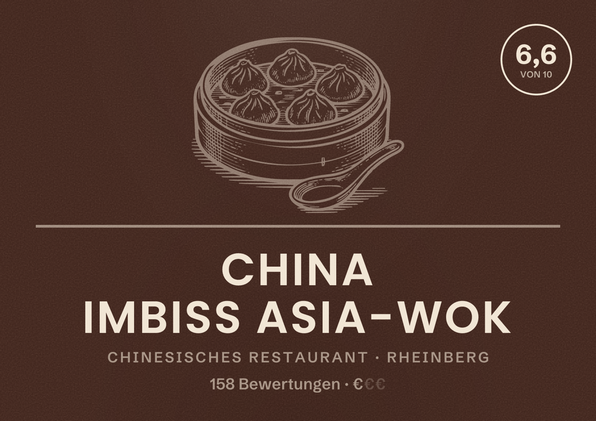 Illustriertes Poster von China Imbiss Asia-Wok, Chinesisches Restaurant in Rheinberg: Bewertung 6,6 von 10 aus 158 Bewertungen, Preisniveau €