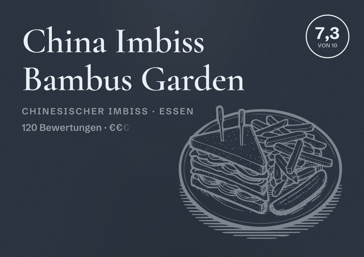 Illustriertes Poster von China Imbiss Bambus Garden, Chinesischer Imbiss in Essen: Bewertung 7,3 von 10 aus 120 Bewertungen, Preisniveau €€