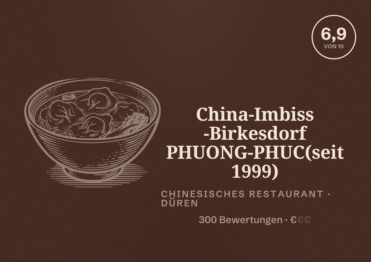 Illustriertes Poster von China-Imbiss -Birkesdorf PHUONG-PHUC(seit 1999), Chinesisches Restaurant in Düren: Bewertung 6,9 von 10 aus 300 Bewertungen, Preisniveau €