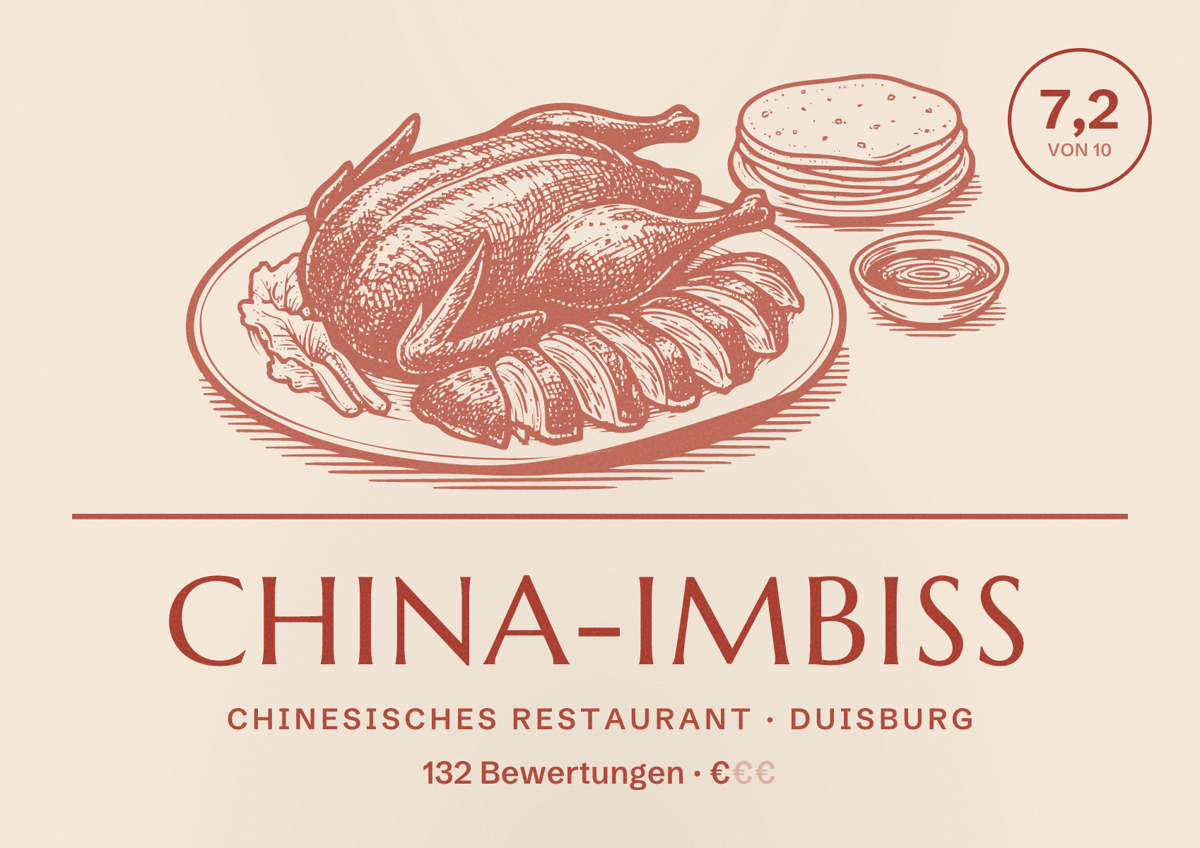 Illustriertes Poster von China-Imbiss, Chinesisches Restaurant in Duisburg: Bewertung 7,2 von 10 aus 132 Bewertungen, Preisniveau €