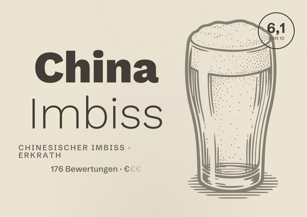 Illustriertes Poster von China Imbiss, Chinesischer Imbiss in Erkrath: Bewertung 6,1 von 10 aus 176 Bewertungen, Preisniveau €