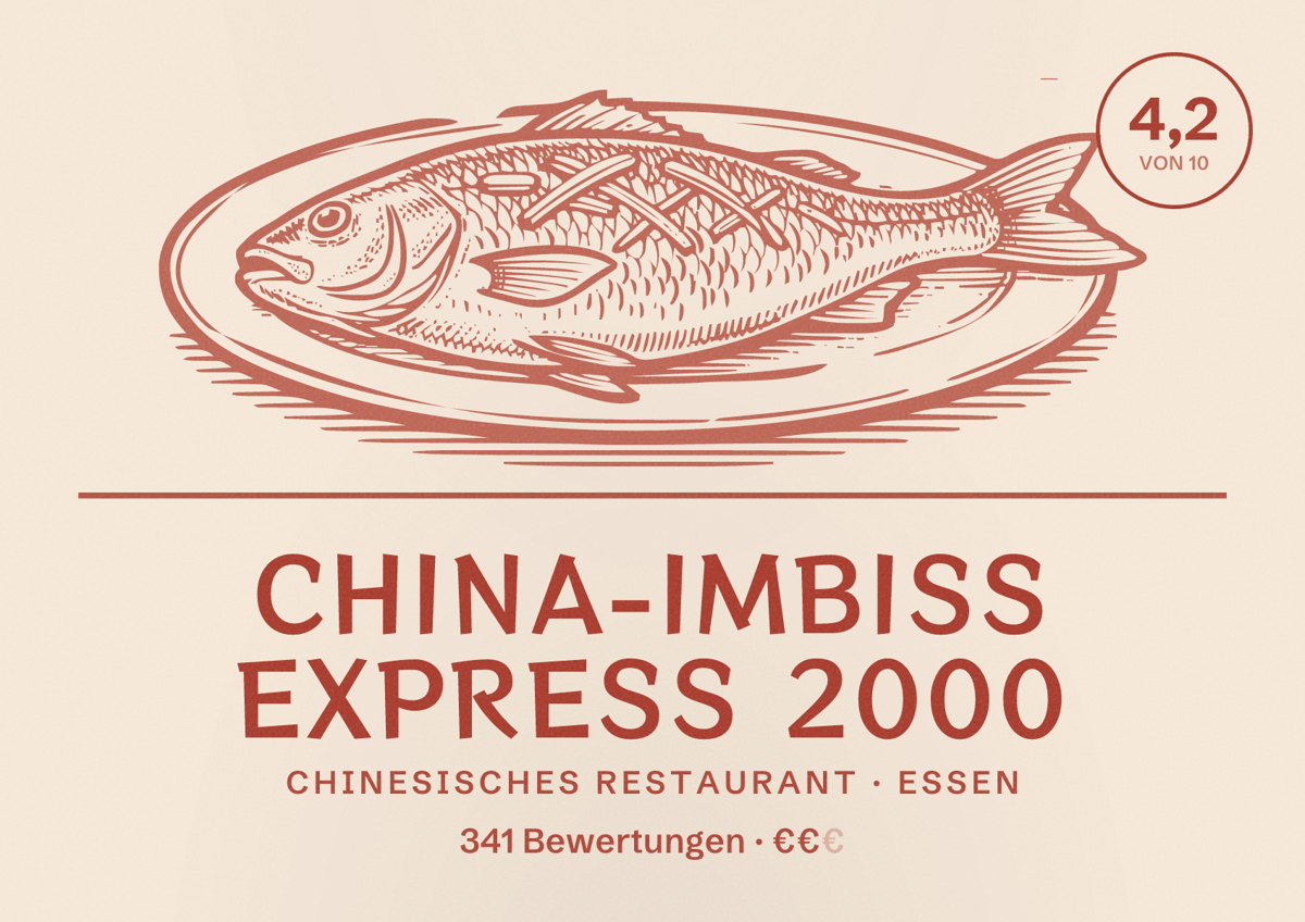 Illustriertes Poster von China-Imbiß Express 2000, Chinesisches Restaurant in Essen: Bewertung 4,2 von 10 aus 341 Bewertungen, Preisniveau €€