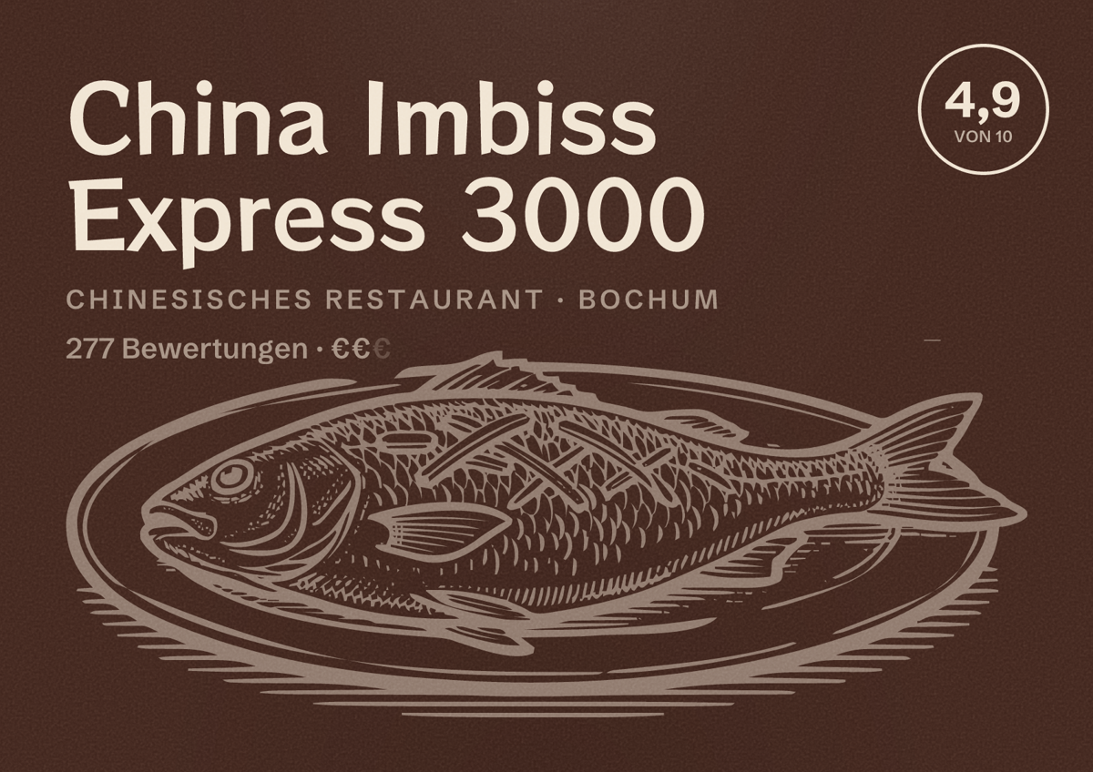 Illustriertes Poster von China Imbiss Express 3000, Chinesisches Restaurant in Bochum: Bewertung 4,9 von 10 aus 277 Bewertungen, Preisniveau €€