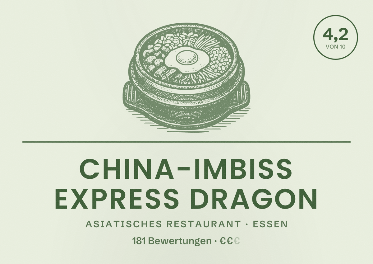 Illustriertes Poster von CHINA-IMBISS EXPRESS DRAGON, Asiatisches Restaurant in Essen: Bewertung 4,2 von 10 aus 181 Bewertungen, Preisniveau €€