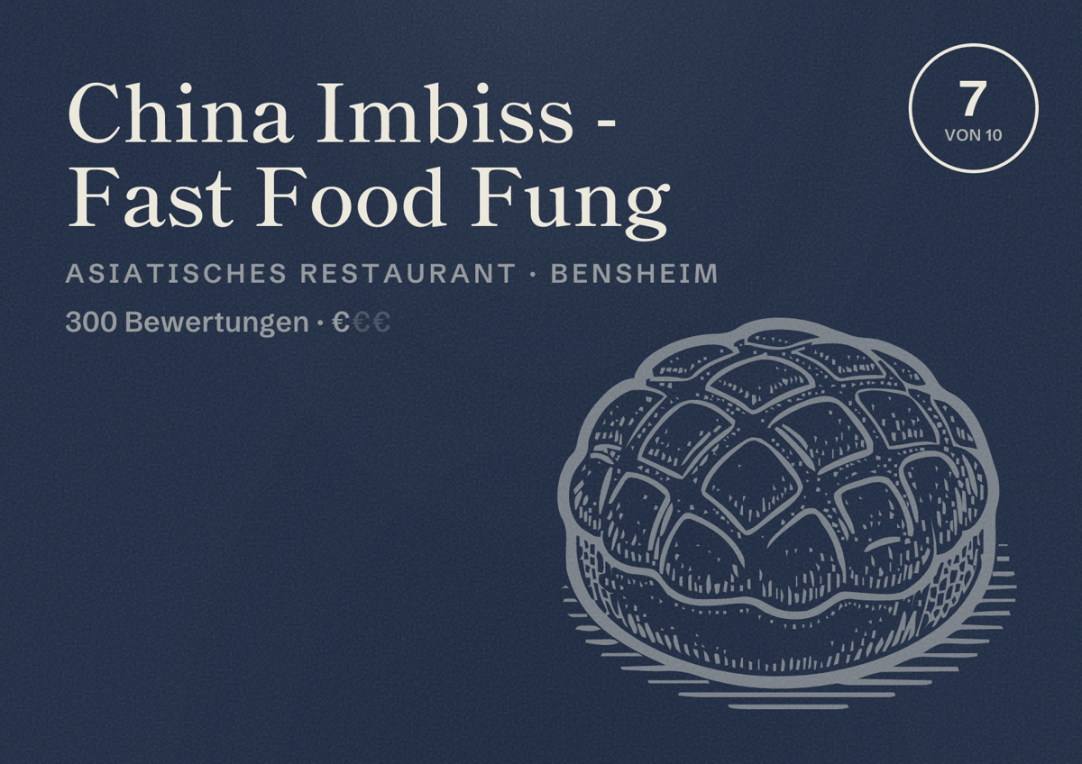 Illustriertes Poster von China Imbiss - Fast Food Fung, Asiatisches Restaurant in Bensheim: Bewertung 7 von 10 aus 300 Bewertungen, Preisniveau €