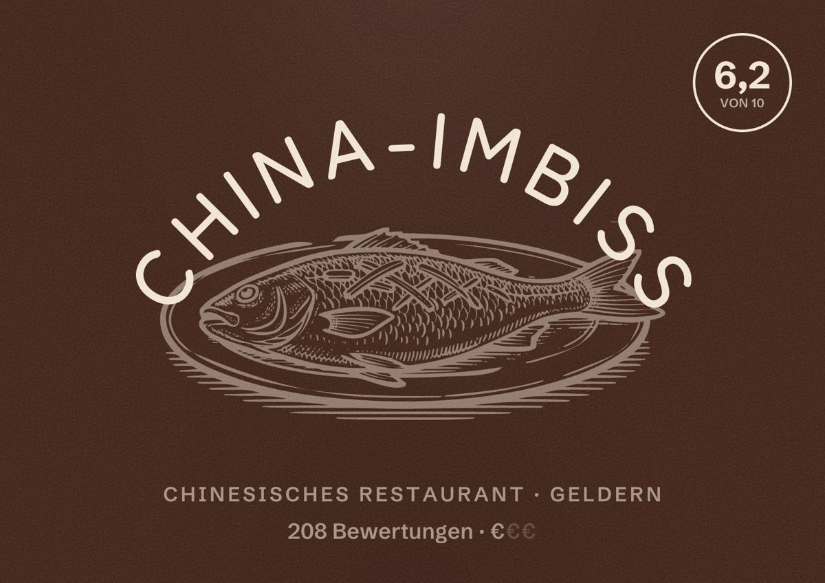 Illustriertes Poster von China-Imbiss, Chinesisches Restaurant in Geldern: Bewertung 6,2 von 10 aus 208 Bewertungen, Preisniveau €
