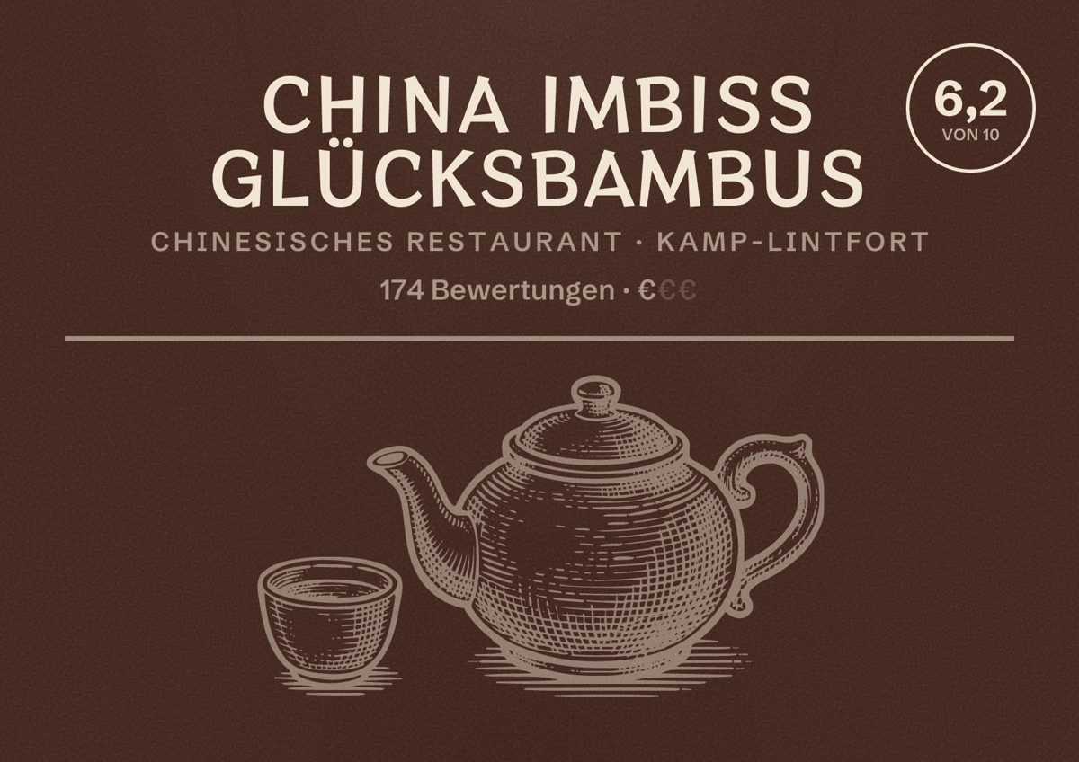 Illustriertes Poster von China Imbiss Glücksbambus, Chinesisches Restaurant in Kamp-Lintfort: Bewertung 6,2 von 10 aus 174 Bewertungen, Preisniveau €