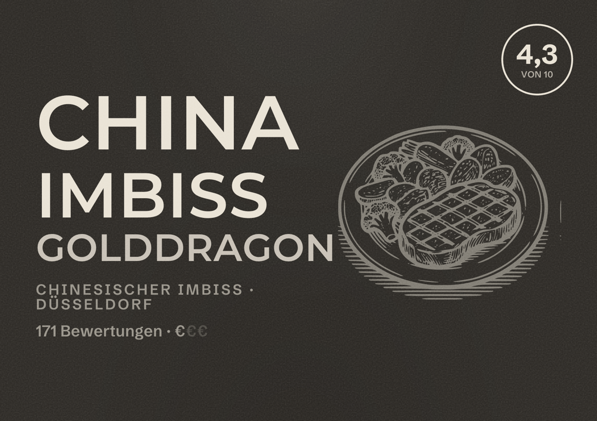 Illustriertes Poster von China Imbiss Golddragon, Chinesischer Imbiss in Düsseldorf: Bewertung 4,3 von 10 aus 171 Bewertungen, Preisniveau €