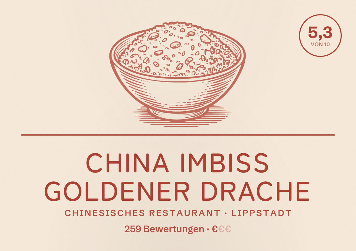 Illustriertes Poster von China Imbiss Goldener Drache, Chinesisches Restaurant in Lippstadt: Bewertung 5,3 von 10 aus 259 Bewertungen, Preisniveau €
