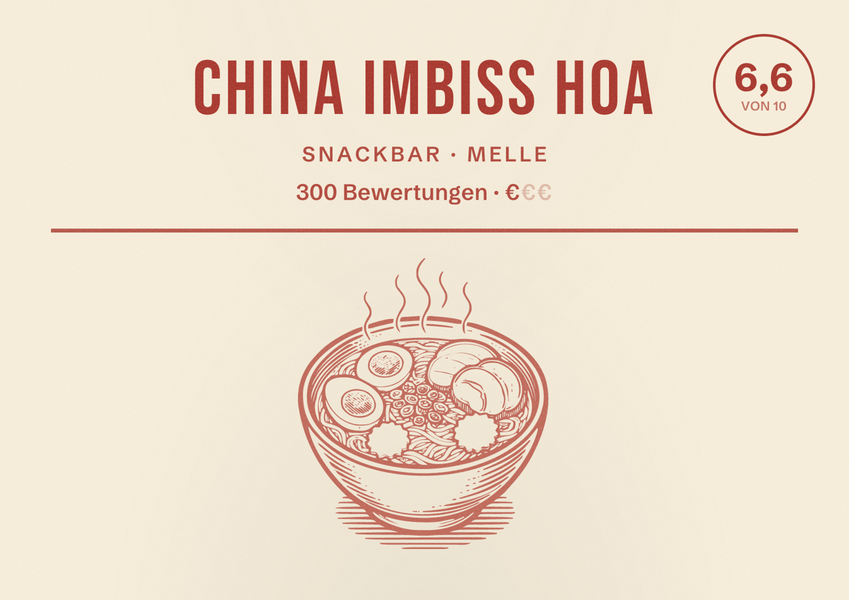 Illustriertes Poster von China Imbiss Hoa, Snackbar in Melle: Bewertung 6,6 von 10 aus 300 Bewertungen, Preisniveau €