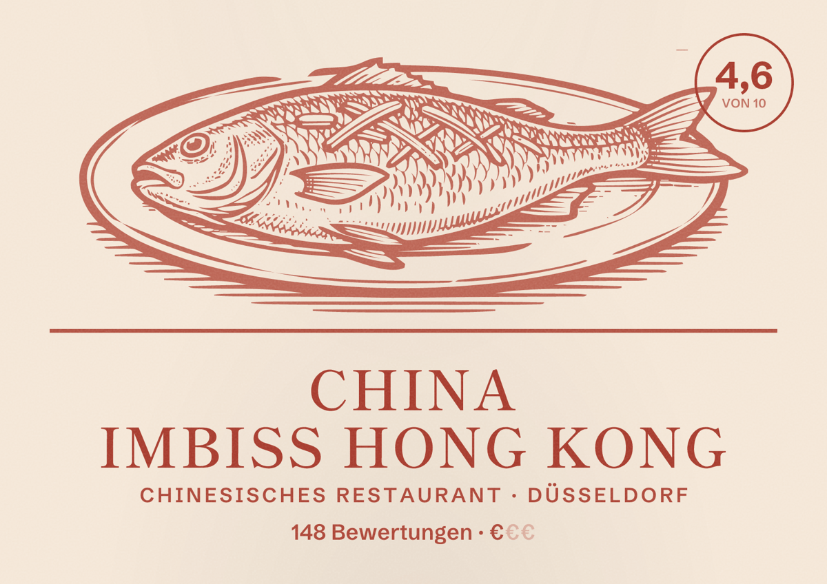 Illustriertes Poster von China Imbiss Hong Kong, Chinesisches Restaurant in Düsseldorf: Bewertung 4,6 von 10 aus 148 Bewertungen, Preisniveau €