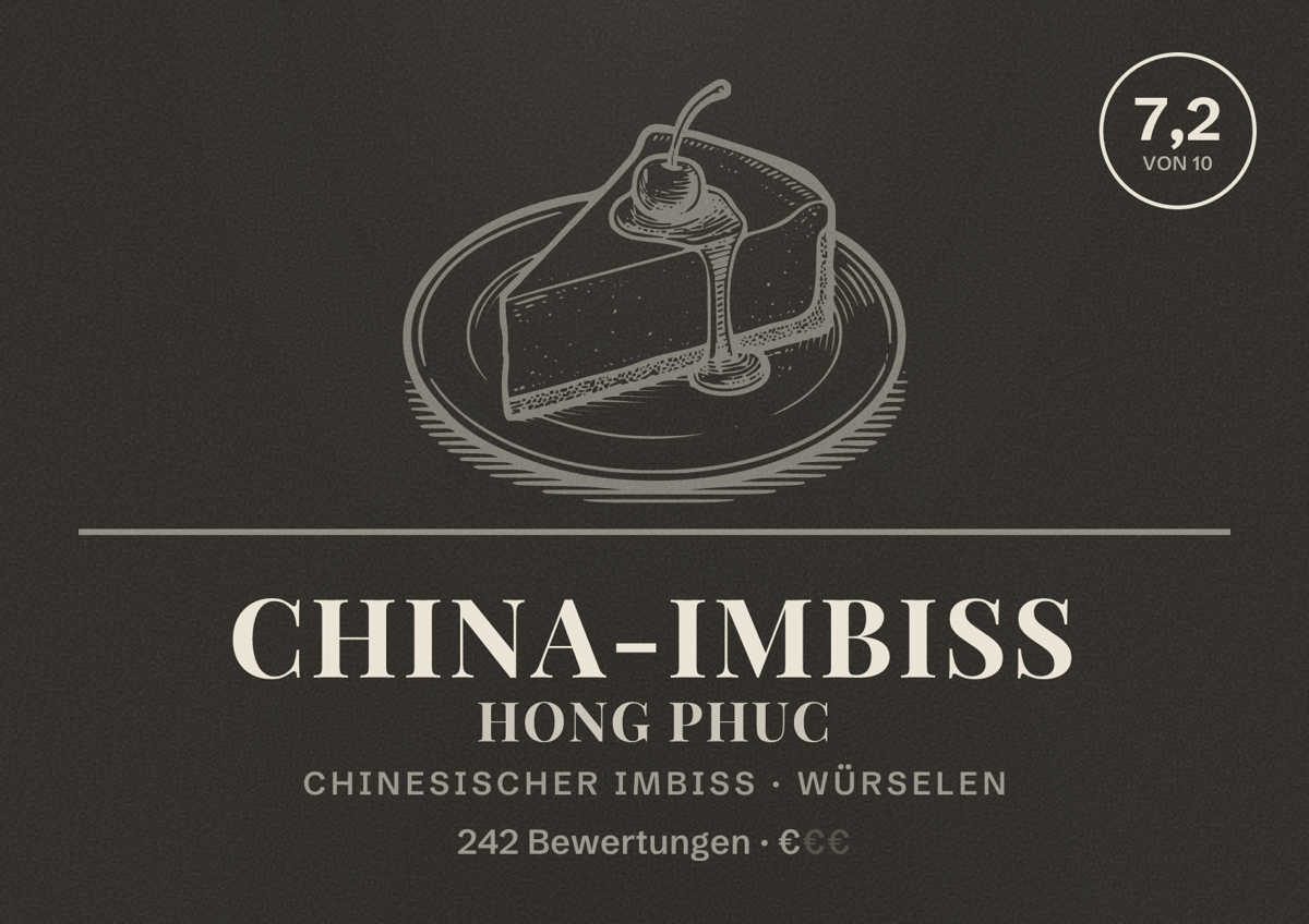 Illustriertes Poster von China-Imbiss Hong Phuc, Chinesischer Imbiss in Würselen: Bewertung 7,2 von 10 aus 242 Bewertungen, Preisniveau €