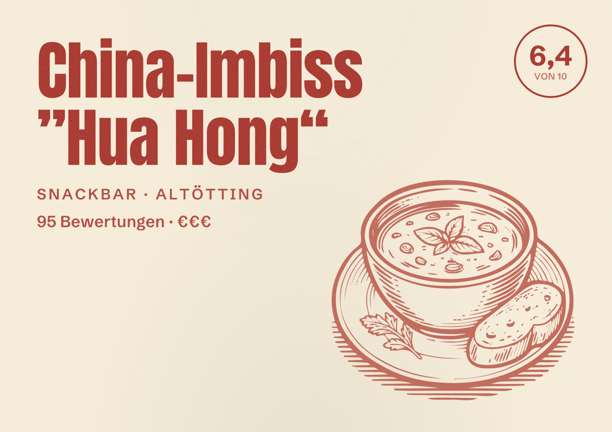 Illustriertes Poster von China-Imbiss ”Hua Hong“, Snackbar in Altötting: Bewertung 6,4 von 10 aus 95 Bewertungen, Preisniveau €€€