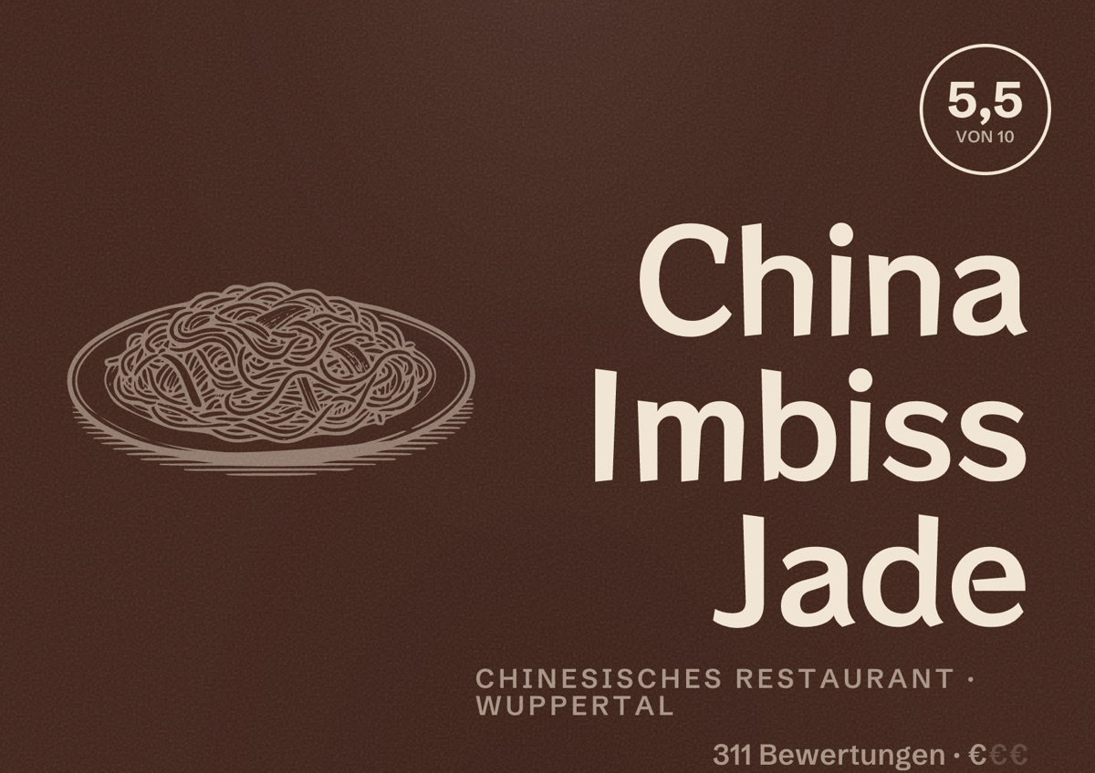 Illustriertes Poster von China Imbiss Jade, Chinesisches Restaurant in Wuppertal: Bewertung 5,5 von 10 aus 311 Bewertungen, Preisniveau €