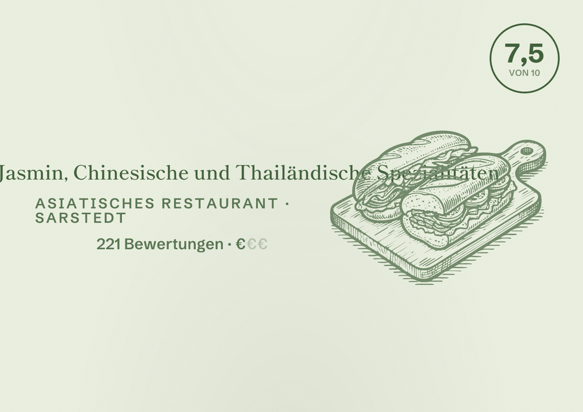 Illustriertes Poster von China Imbiss Jasmin, Chinesische und Thailändische Spezialitäten, Asiatisches Restaurant in Sarstedt: Bewertung 7,5 von 10 aus 221 Bewertungen, Preisniveau €