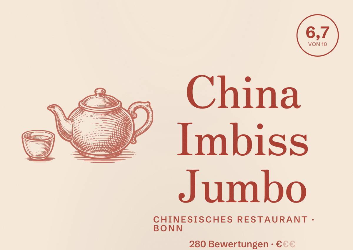 Illustriertes Poster von China Imbiss Jumbo, Chinesisches Restaurant in Bonn: Bewertung 6,7 von 10 aus 280 Bewertungen, Preisniveau €