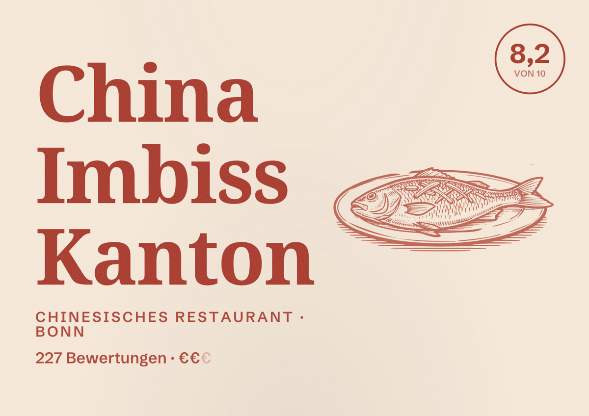 Illustriertes Poster von China Imbiss Kanton, Chinesisches Restaurant in Bonn: Bewertung 8,2 von 10 aus 227 Bewertungen, Preisniveau €€