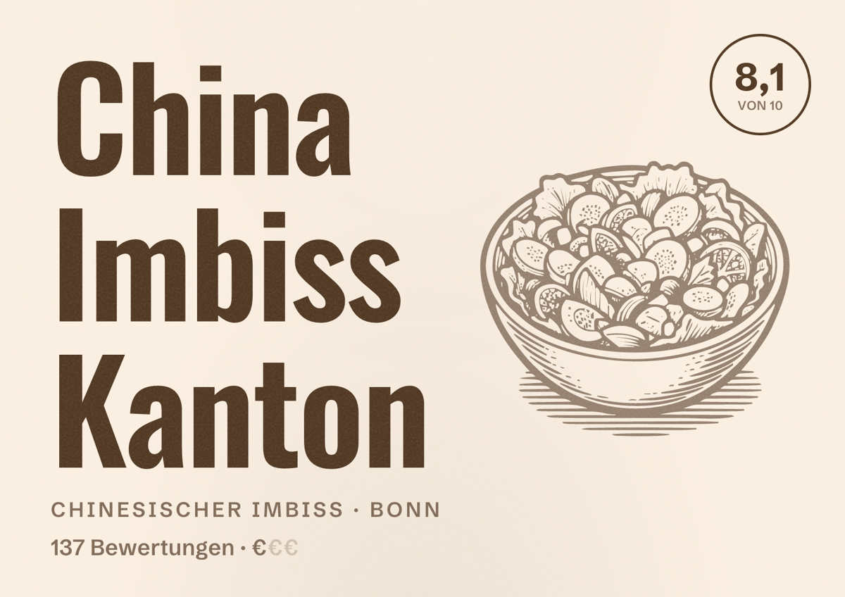 Illustriertes Poster von China Imbiss Kanton, Chinesischer Imbiss in Bonn: Bewertung 8,1 von 10 aus 137 Bewertungen, Preisniveau €
