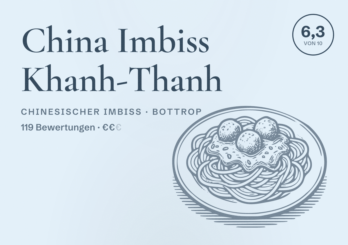 Illustriertes Poster von China Imbiss Khanh-Thanh, Chinesischer Imbiss in Bottrop: Bewertung 6,3 von 10 aus 119 Bewertungen, Preisniveau €€