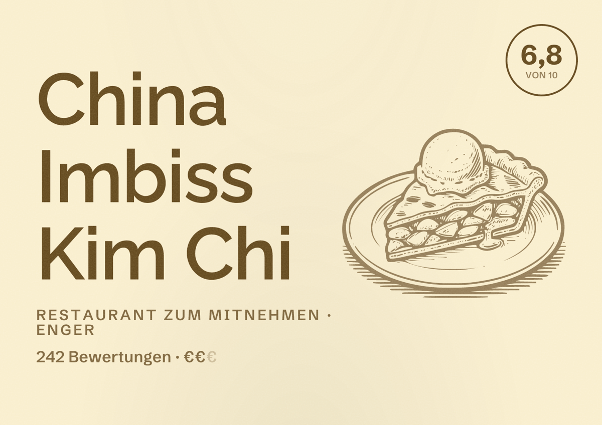 Illustriertes Poster von China Imbiss Kim Chi, Restaurant zum Mitnehmen in Enger: Bewertung 6,8 von 10 aus 242 Bewertungen, Preisniveau €€