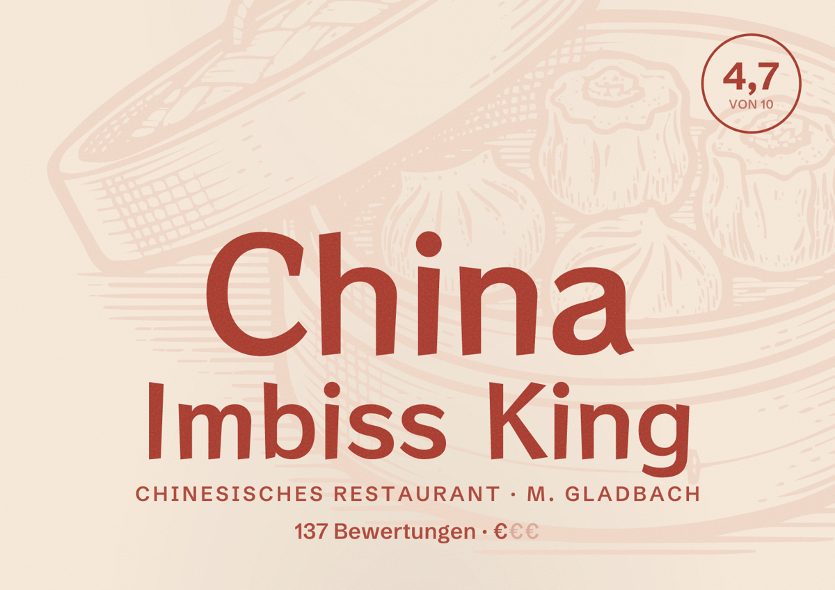 Illustriertes Poster von China Imbiss King, Chinesisches Restaurant in M. Gladbach: Bewertung 4,7 von 10 aus 137 Bewertungen, Preisniveau €