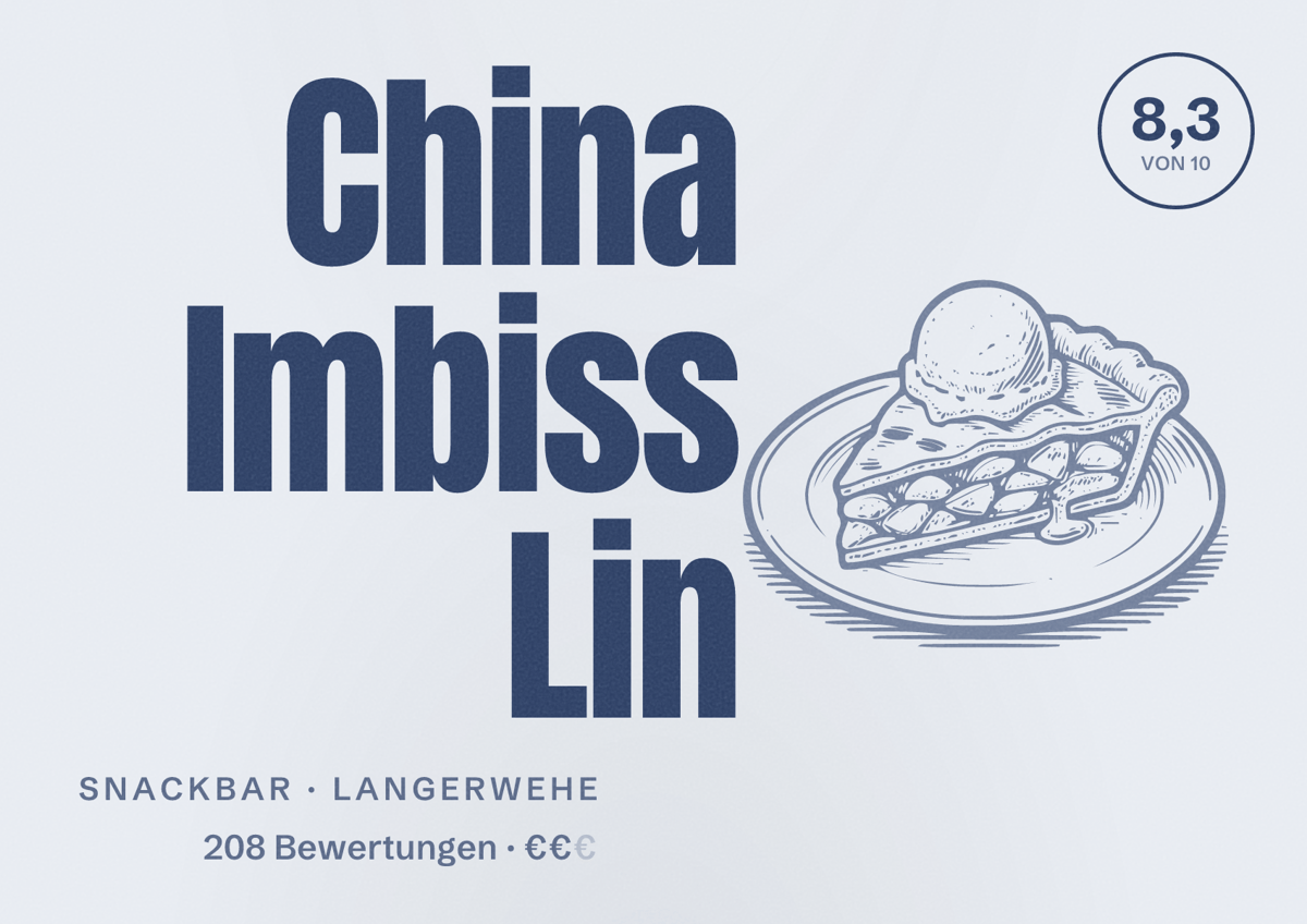 Illustriertes Poster von China Imbiss Lin, Snackbar in Langerwehe: Bewertung 8,3 von 10 aus 208 Bewertungen, Preisniveau €€