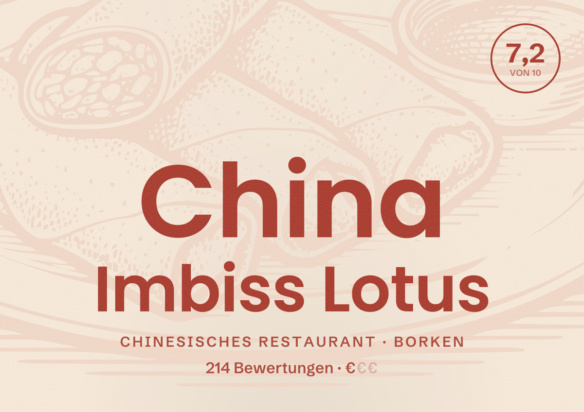 Illustriertes Poster von China Imbiss Lotus, Chinesisches Restaurant in Borken: Bewertung 7,2 von 10 aus 214 Bewertungen, Preisniveau €
