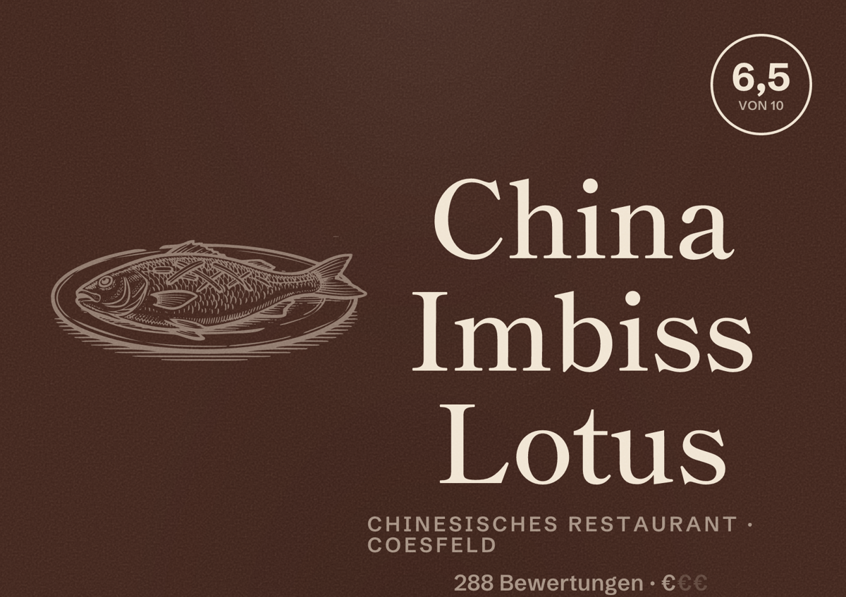 Illustriertes Poster von China Imbiss Lotus, Chinesisches Restaurant in Coesfeld: Bewertung 6,5 von 10 aus 288 Bewertungen, Preisniveau €