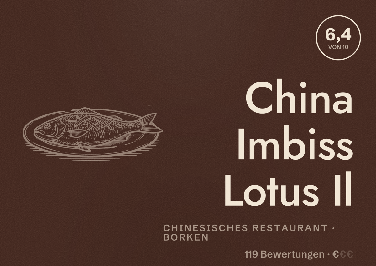 Illustriertes Poster von China Imbiss Lotus Il, Chinesisches Restaurant in Borken: Bewertung 6,4 von 10 aus 119 Bewertungen, Preisniveau €