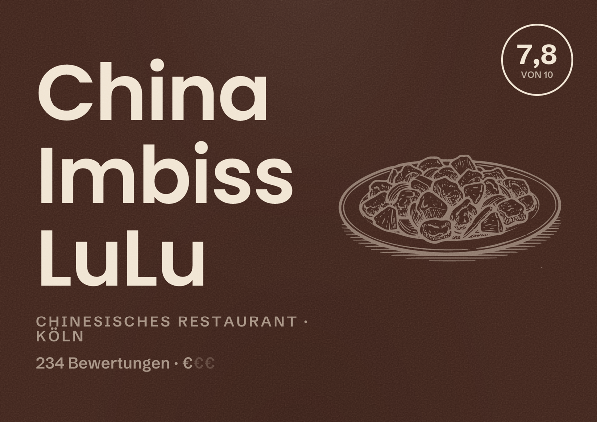 Illustriertes Poster von China Imbiss LuLu, Chinesisches Restaurant in Köln: Bewertung 7,8 von 10 aus 234 Bewertungen, Preisniveau €