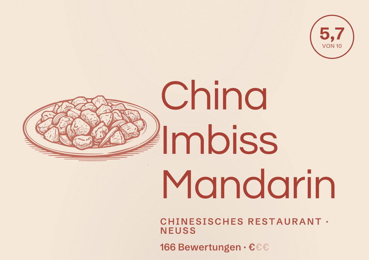 Illustriertes Poster von China Imbiss Mandarin, Chinesisches Restaurant in Neuss: Bewertung 5,7 von 10 aus 166 Bewertungen, Preisniveau €