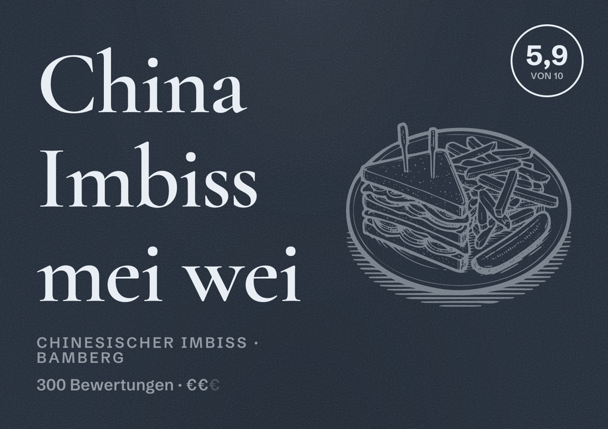 Illustriertes Poster von China Imbiss mei wei, Chinesischer Imbiss in Bamberg: Bewertung 5,9 von 10 aus 300 Bewertungen, Preisniveau €€