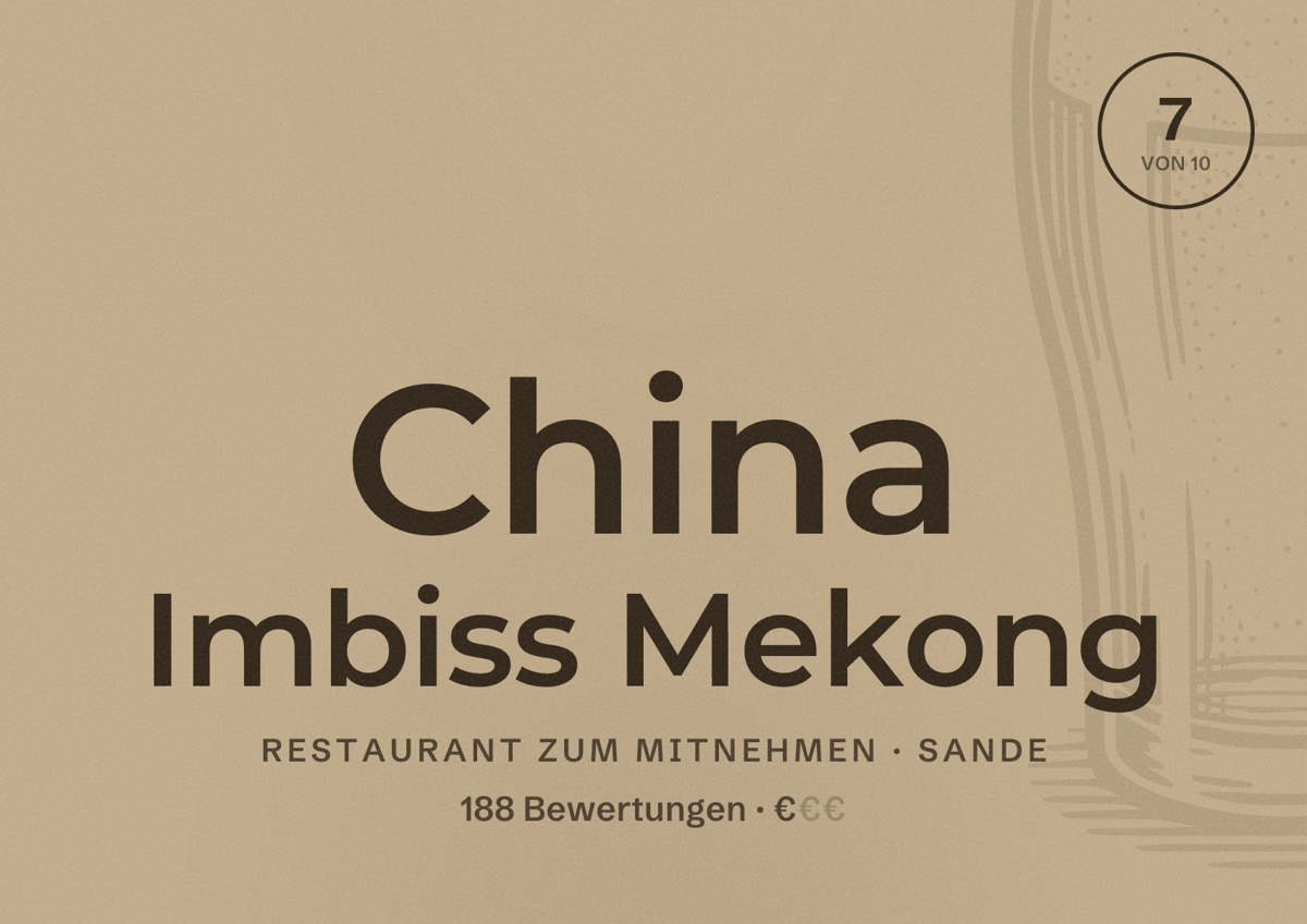 Illustriertes Poster von China Imbiss Mekong, Restaurant zum Mitnehmen in Sande: Bewertung 7 von 10 aus 188 Bewertungen, Preisniveau €