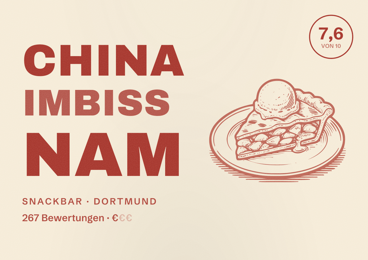 Illustriertes Poster von China Imbiss Nam, Snackbar in Dortmund: Bewertung 7,6 von 10 aus 267 Bewertungen, Preisniveau €
