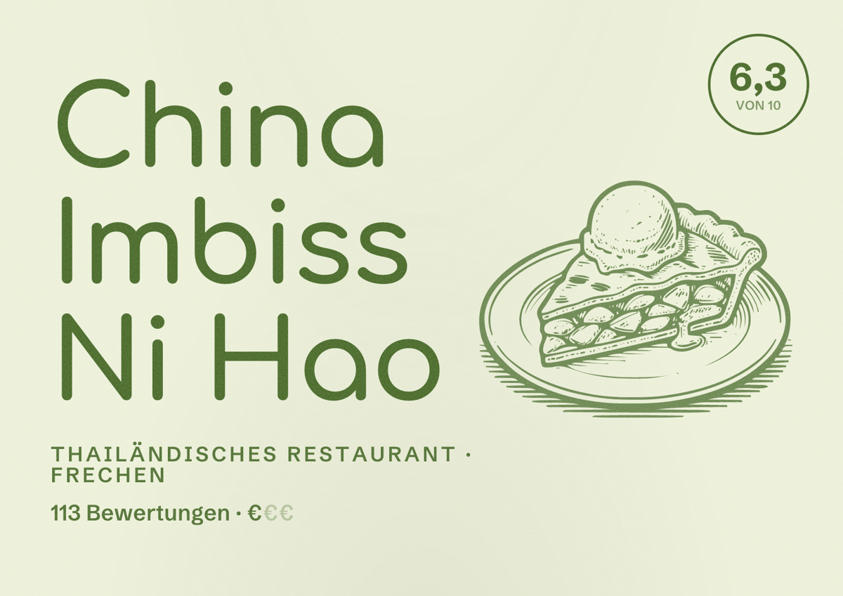 Illustriertes Poster von China Imbiss Ni Hao, Thailändisches Restaurant in Frechen: Bewertung 6,3 von 10 aus 113 Bewertungen, Preisniveau €