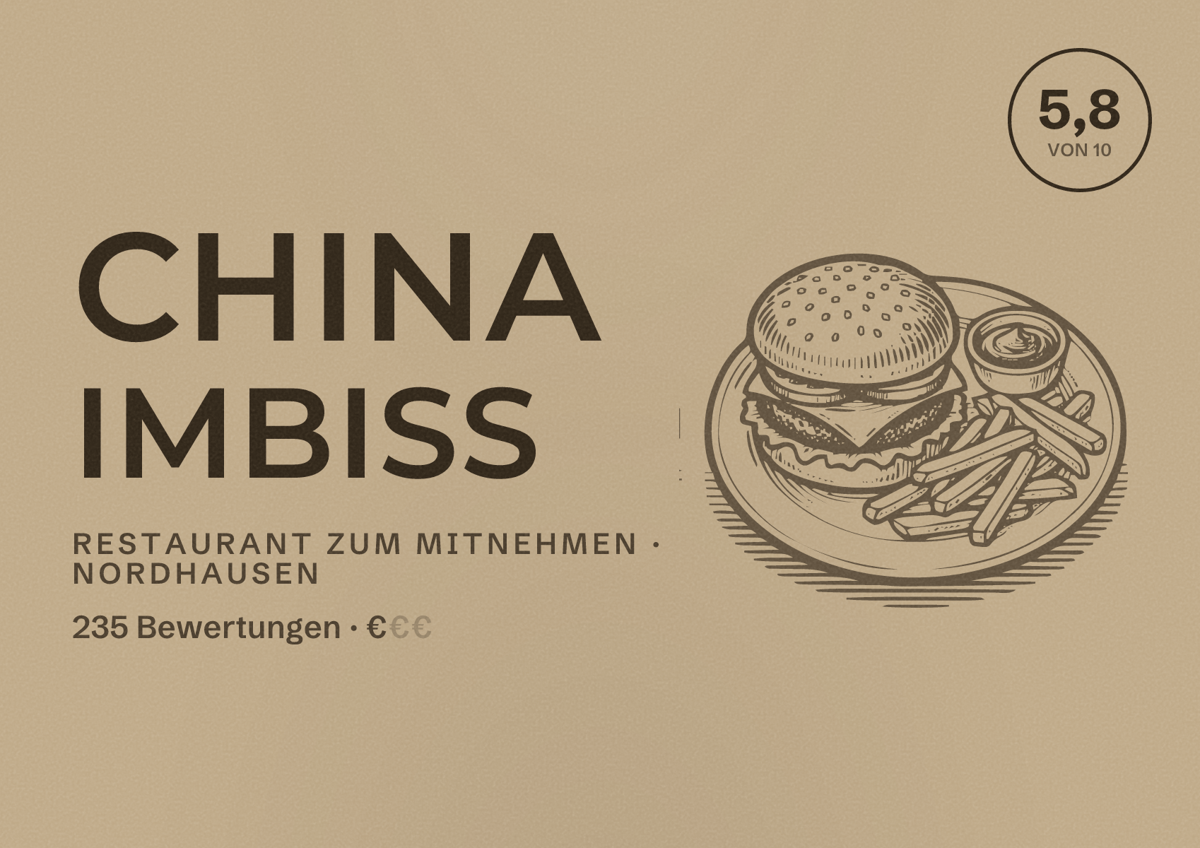 Illustriertes Poster von China Imbiss, Restaurant zum Mitnehmen in Nordhausen: Bewertung 5,8 von 10 aus 235 Bewertungen, Preisniveau €