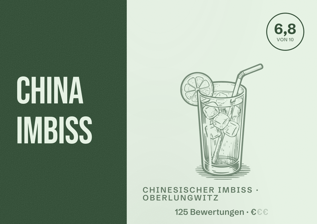 Illustriertes Poster von China Imbiss, Chinesischer Imbiss in Oberlungwitz: Bewertung 6,8 von 10 aus 125 Bewertungen, Preisniveau €