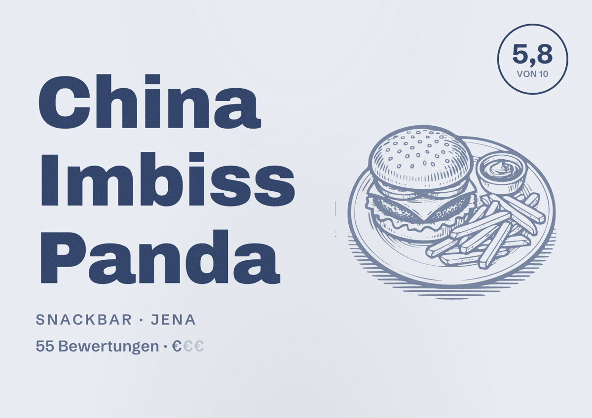 Illustriertes Poster von China Imbiss Panda, Snackbar in Jena: Bewertung 5,8 von 10 aus 55 Bewertungen, Preisniveau €