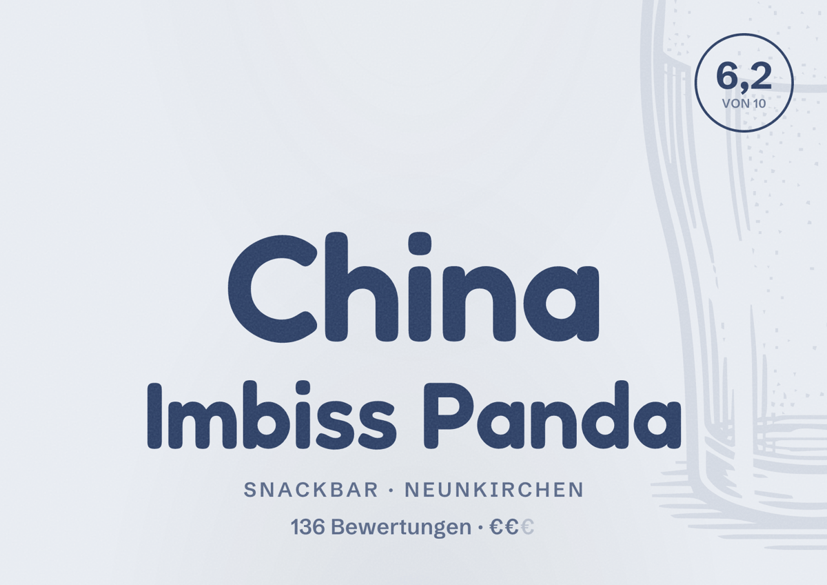 Illustriertes Poster von China Imbiss Panda, Snackbar in Neunkirchen: Bewertung 6,2 von 10 aus 136 Bewertungen, Preisniveau €€