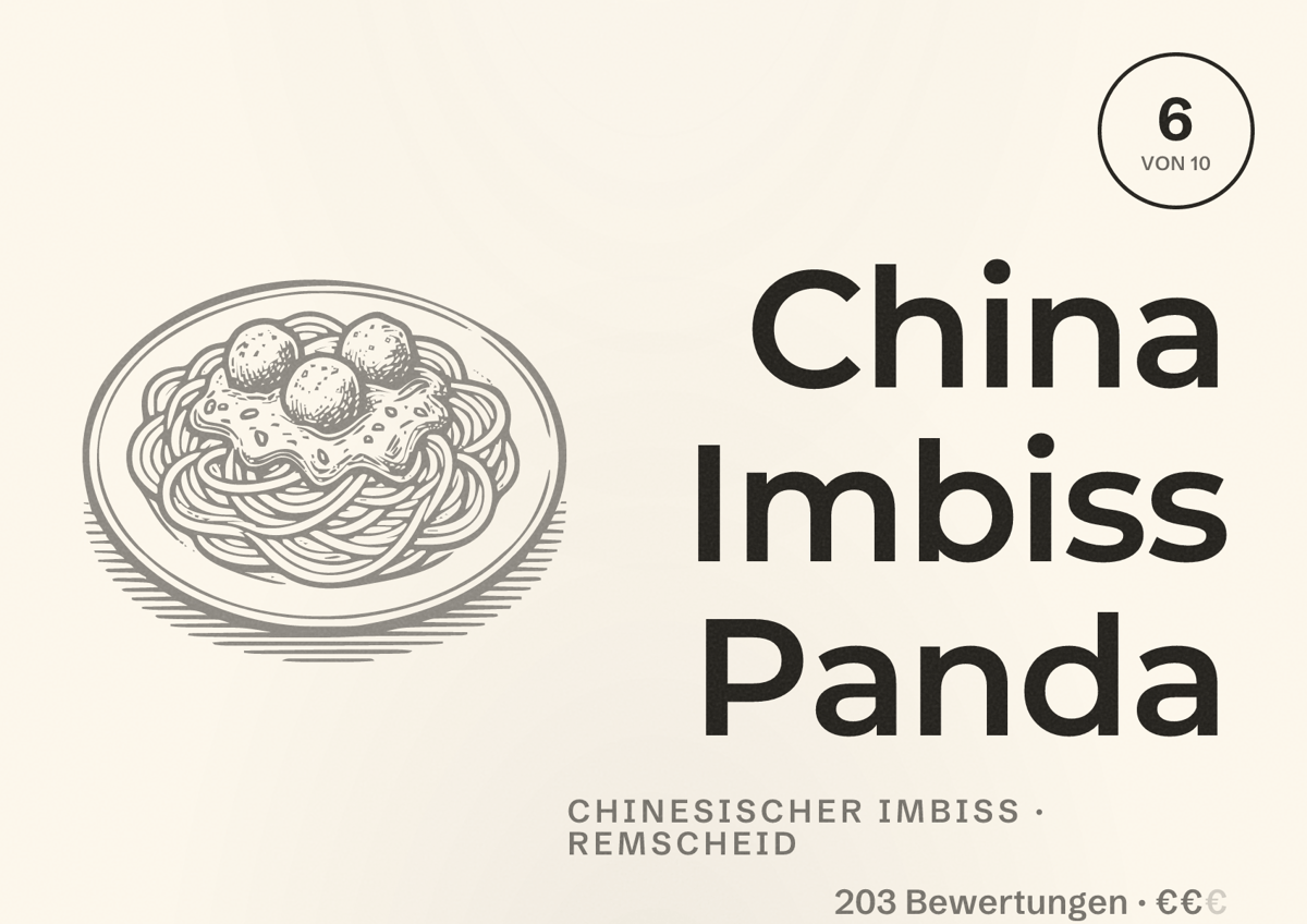 Illustriertes Poster von China Imbiss Panda, Chinesischer Imbiss in Remscheid: Bewertung 6 von 10 aus 203 Bewertungen, Preisniveau €€