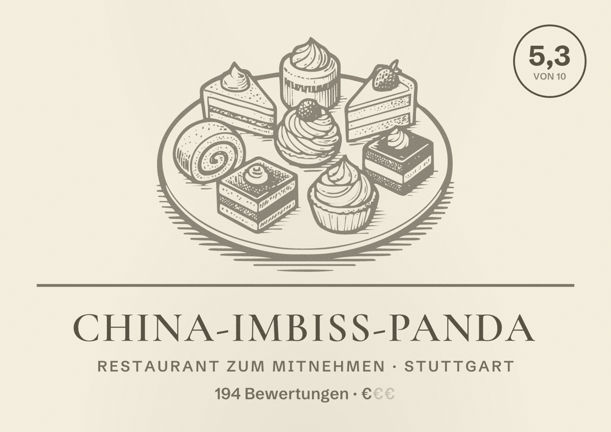 Illustriertes Poster von China-Imbiss-Panda, Restaurant zum Mitnehmen in Stuttgart: Bewertung 5,3 von 10 aus 194 Bewertungen, Preisniveau €