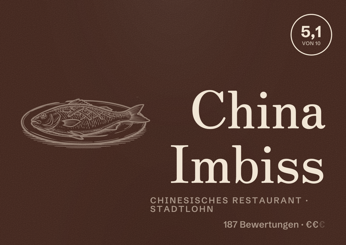 Illustriertes Poster von China Imbiss, Chinesisches Restaurant in Stadtlohn: Bewertung 5,1 von 10 aus 187 Bewertungen, Preisniveau €€