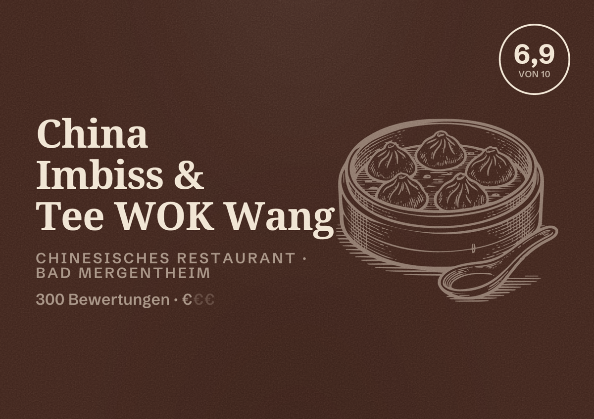 Illustriertes Poster von China Imbiss & Tee WOK Wang, Chinesisches Restaurant in Bad Mergentheim: Bewertung 6,9 von 10 aus 300 Bewertungen, Preisniveau €