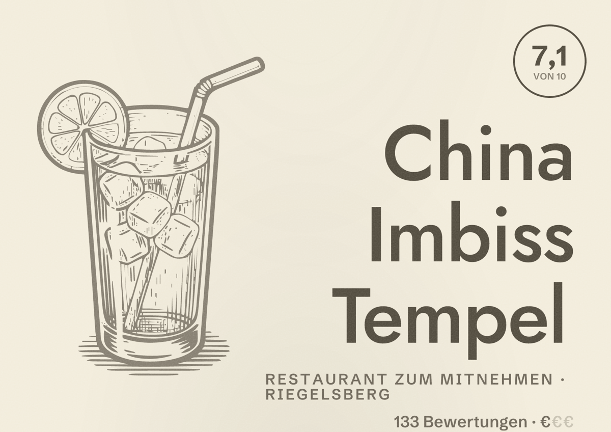 Illustriertes Poster von China Imbiss Tempel, Restaurant zum Mitnehmen in Riegelsberg: Bewertung 7,1 von 10 aus 133 Bewertungen, Preisniveau €