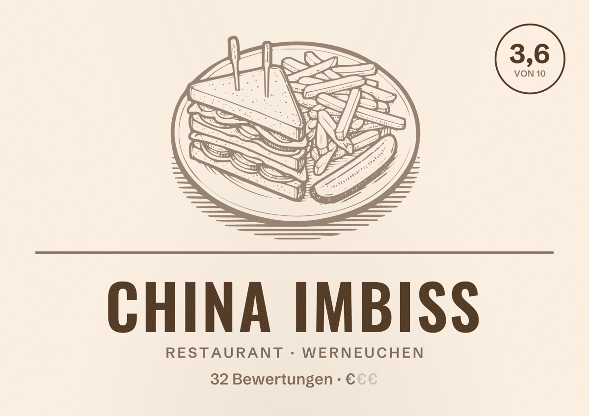 Illustriertes Poster von China IMBISS, Restaurant in Werneuchen: Bewertung 3,6 von 10 aus 32 Bewertungen, Preisniveau €