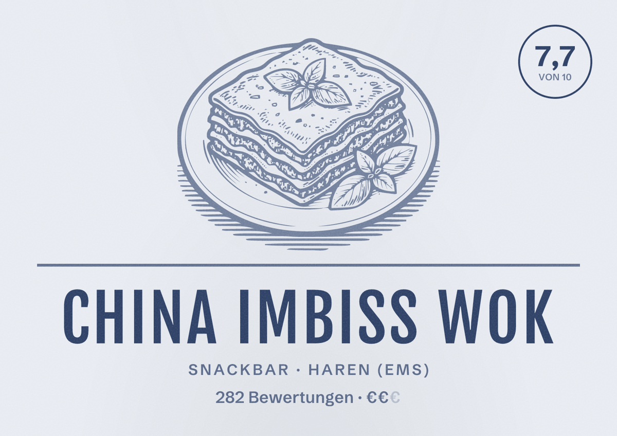 Illustriertes Poster von China Imbiss Wok, Snackbar in Haren (Ems): Bewertung 7,7 von 10 aus 282 Bewertungen, Preisniveau €€