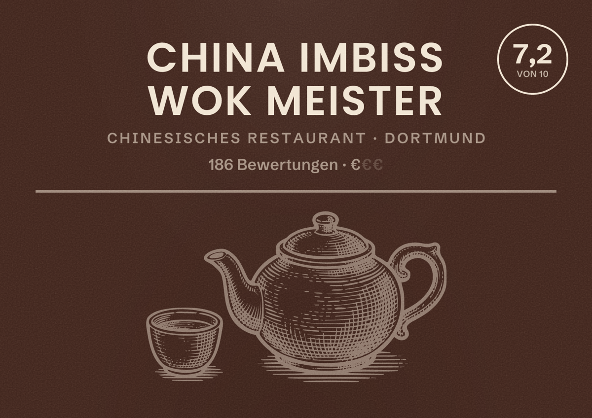 Illustriertes Poster von China Imbiss Wok Meister, Chinesisches Restaurant in Dortmund: Bewertung 7,2 von 10 aus 186 Bewertungen, Preisniveau €